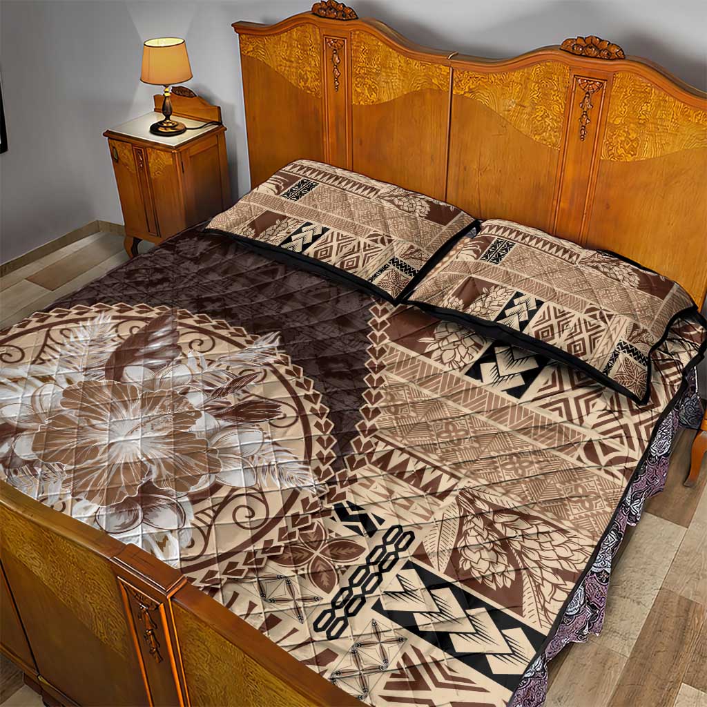 Samoa Siapo Elegant Quilt Bed Set Hibiscus Chocolate Brown Motifs - Polynesian Pride