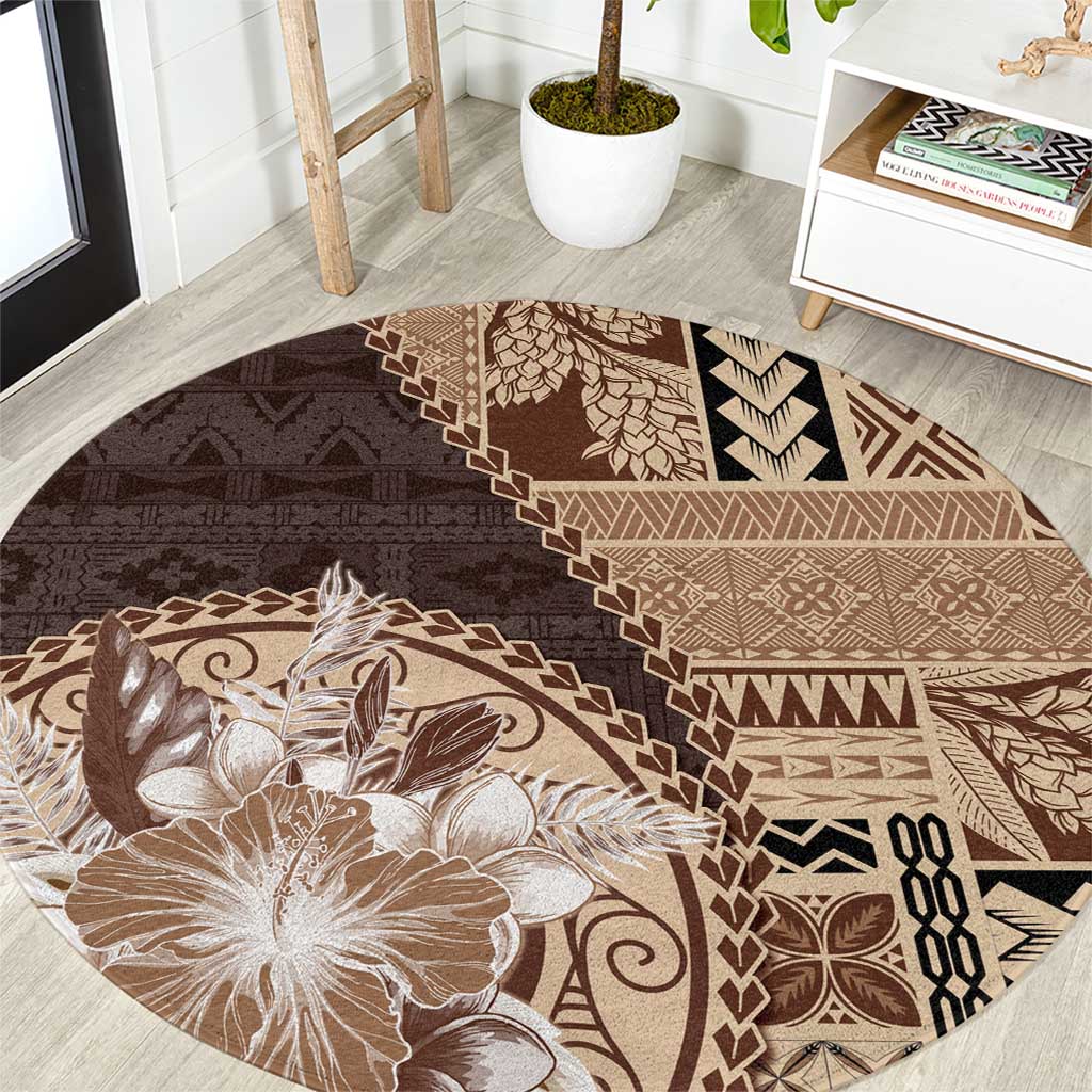 Samoa Siapo Elegant Round Carpet Hibiscus Chocolate Brown Motifs - Polynesian Pride