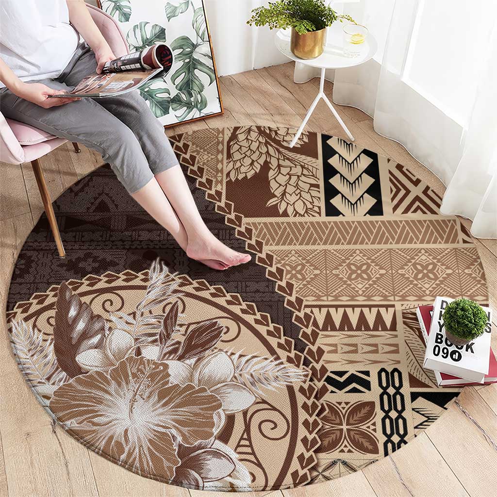 Samoa Siapo Elegant Round Carpet Hibiscus Chocolate Brown Motifs - Polynesian Pride