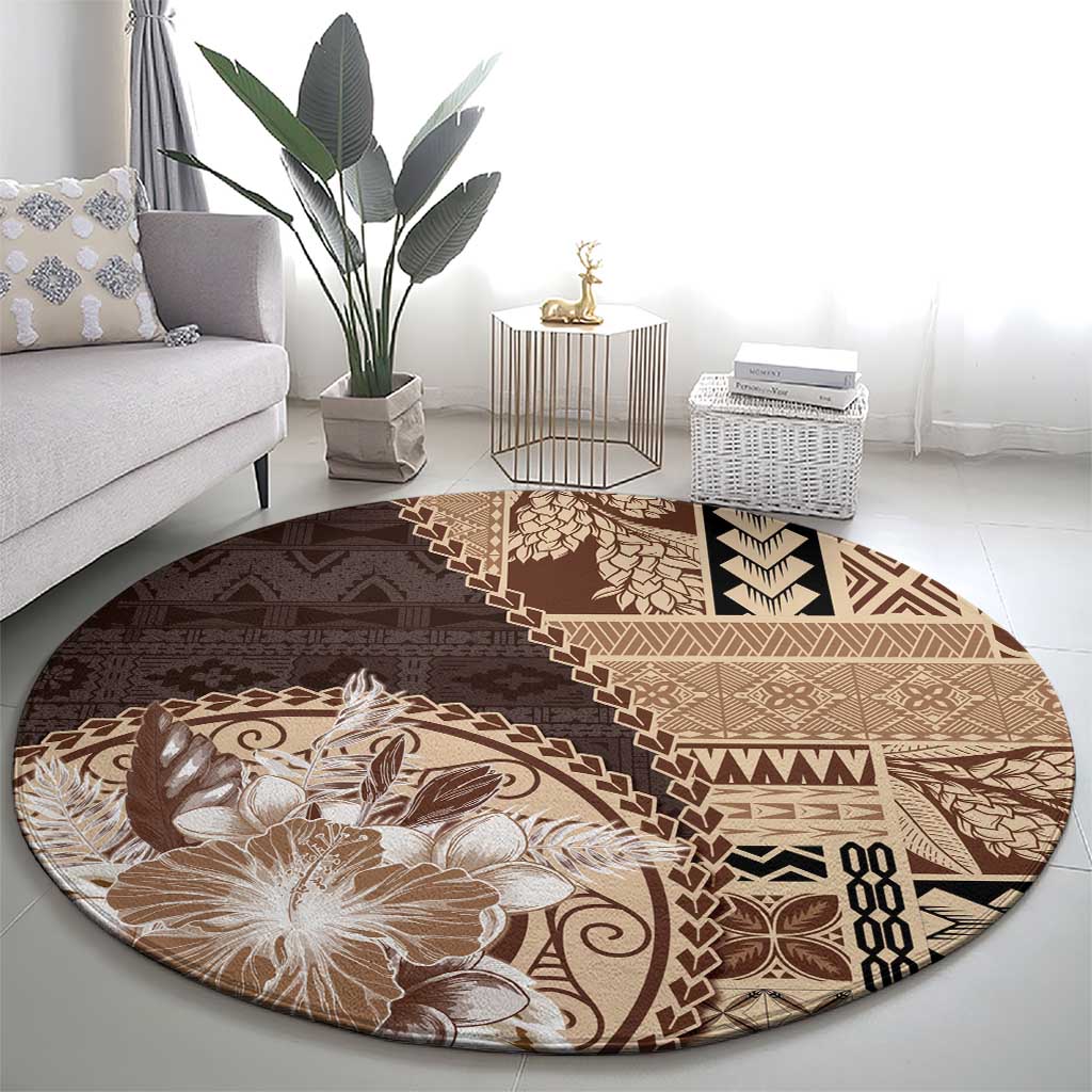 Samoa Siapo Elegant Round Carpet Hibiscus Chocolate Brown Motifs - Polynesian Pride