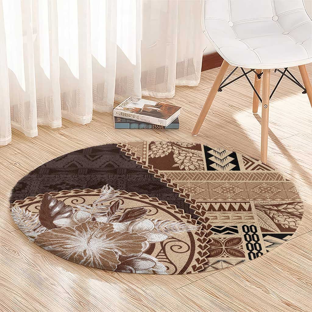 Samoa Siapo Elegant Round Carpet Hibiscus Chocolate Brown Motifs - Polynesian Pride