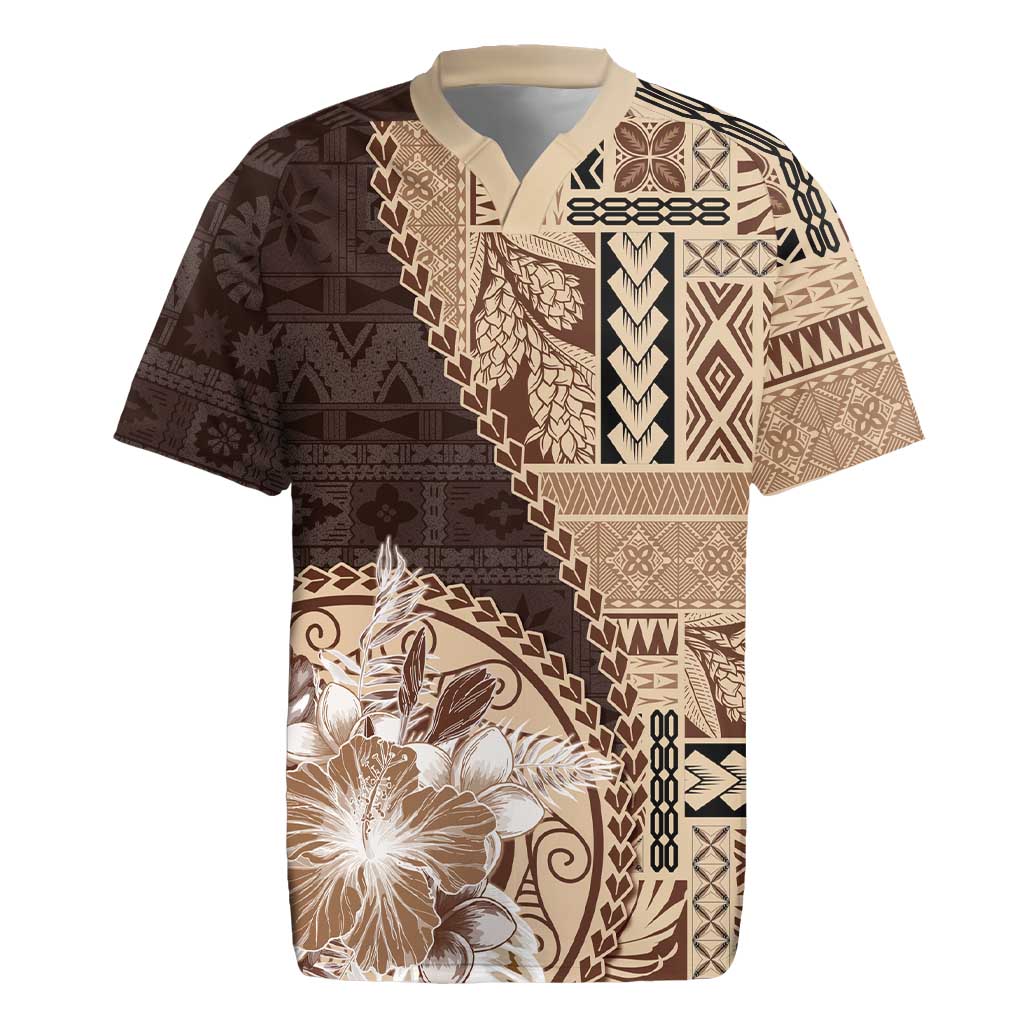 Samoa Siapo Elegant Rugby Jersey Hibiscus Chocolate Brown Motifs - Polynesian Pride