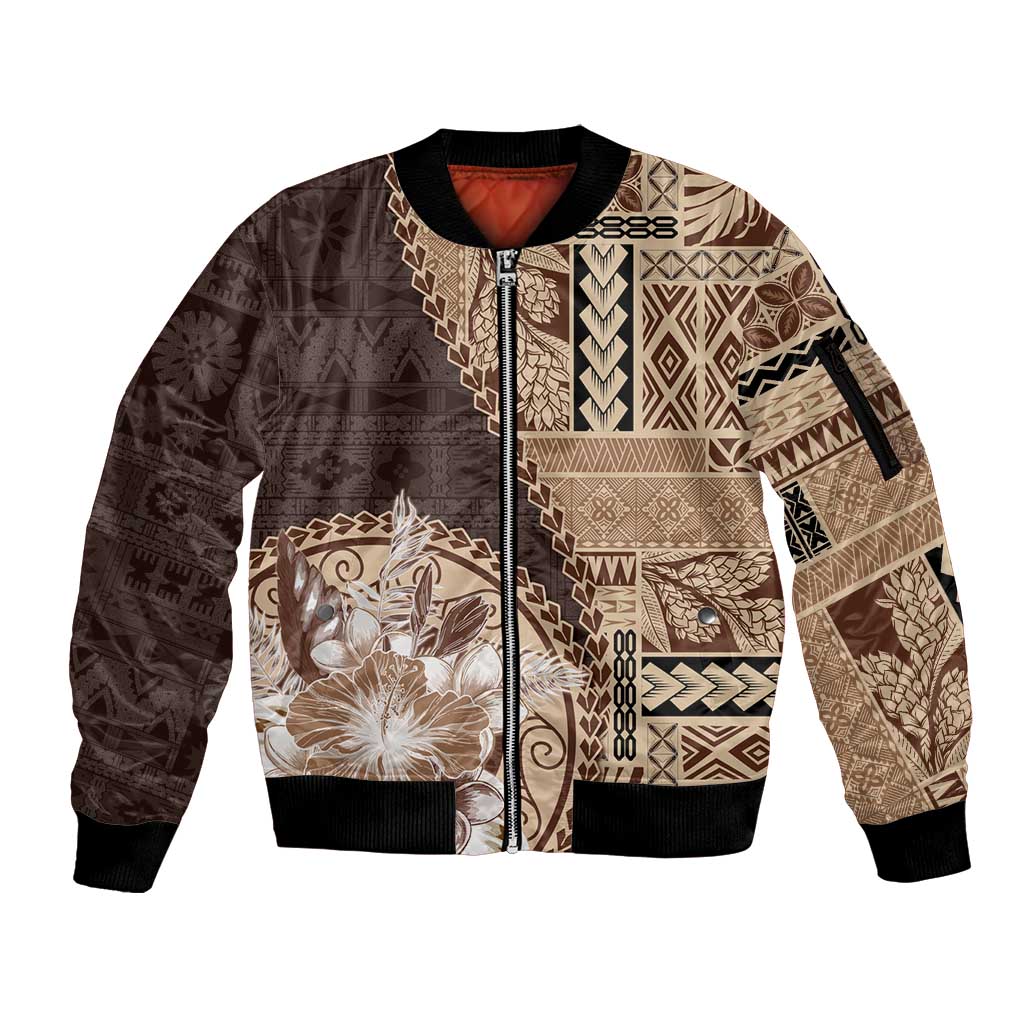 Samoa Siapo Elegant Sleeve Zip Bomber Jacket Hibiscus Chocolate Brown Motifs - Polynesian Pride