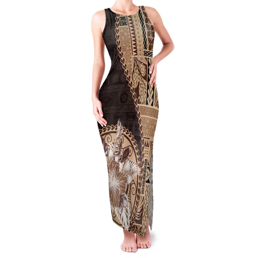 Samoa Siapo Elegant Tank Maxi Dress Hibiscus Chocolate Brown Motifs - Polynesian Pride