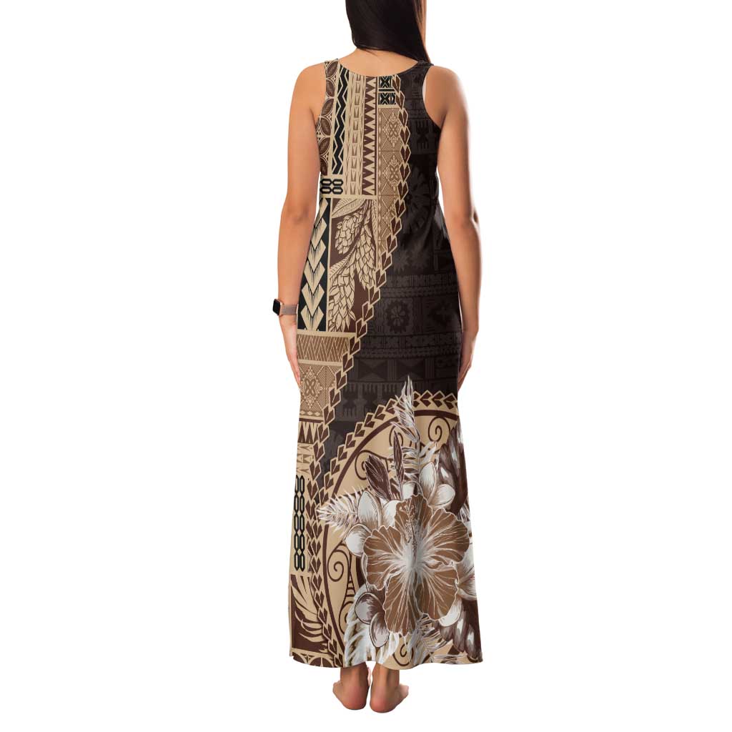 Samoa Siapo Elegant Tank Maxi Dress Hibiscus Chocolate Brown Motifs - Polynesian Pride