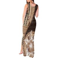 Samoa Siapo Elegant Tank Maxi Dress Hibiscus Chocolate Brown Motifs - Polynesian Pride