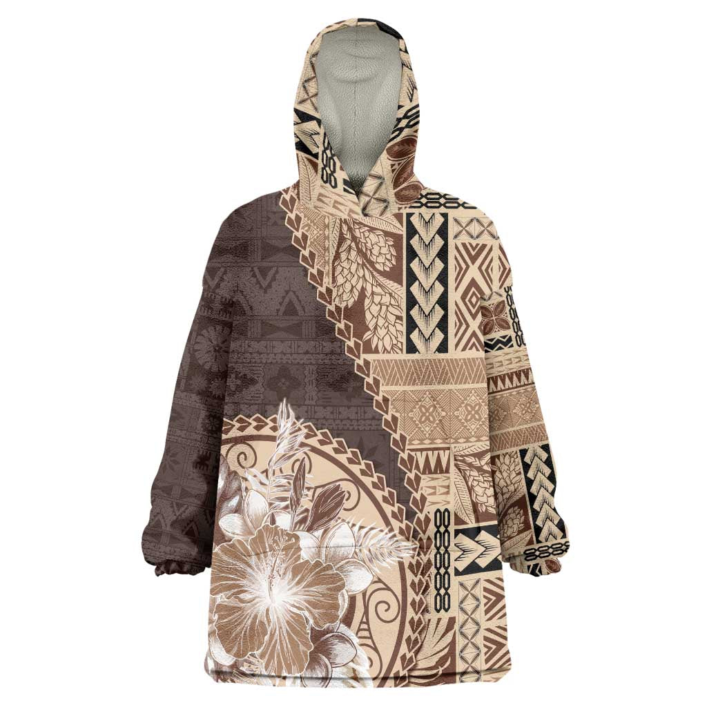 Samoa Siapo Elegant Wearable Blanket Hoodie Hibiscus Chocolate Brown Motifs LT05 One Size Brown - Polynesian Pride