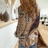 Samoa Siapo Elegant Women Casual Shirt Hibiscus Chocolate Brown Motifs - Polynesian Pride