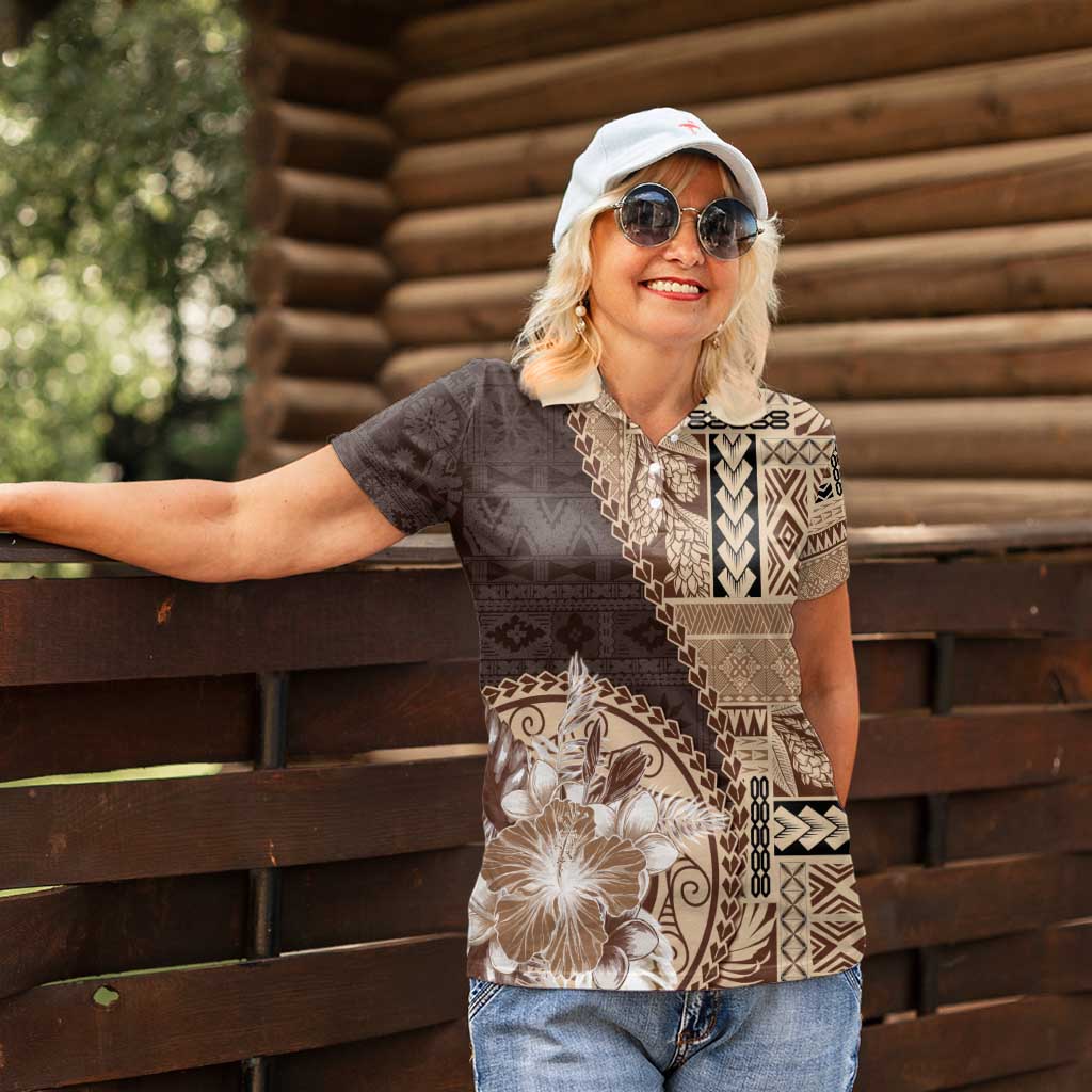 Samoa Siapo Elegant Women Polo Shirt Hibiscus Chocolate Brown Motifs - Polynesian Pride