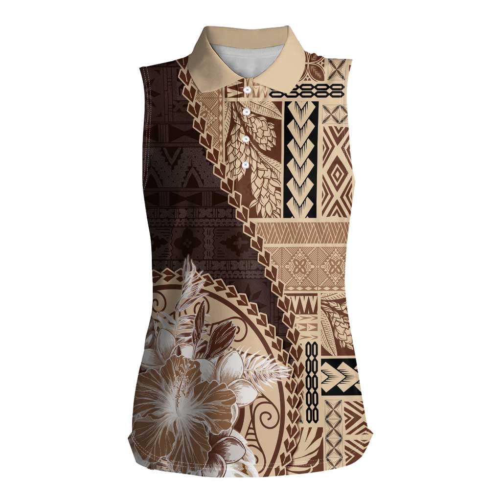 Samoa Siapo Elegant Women Sleeveless Polo Shirt Hibiscus Chocolate Brown Motifs LT05 Female Brown - Polynesian Pride