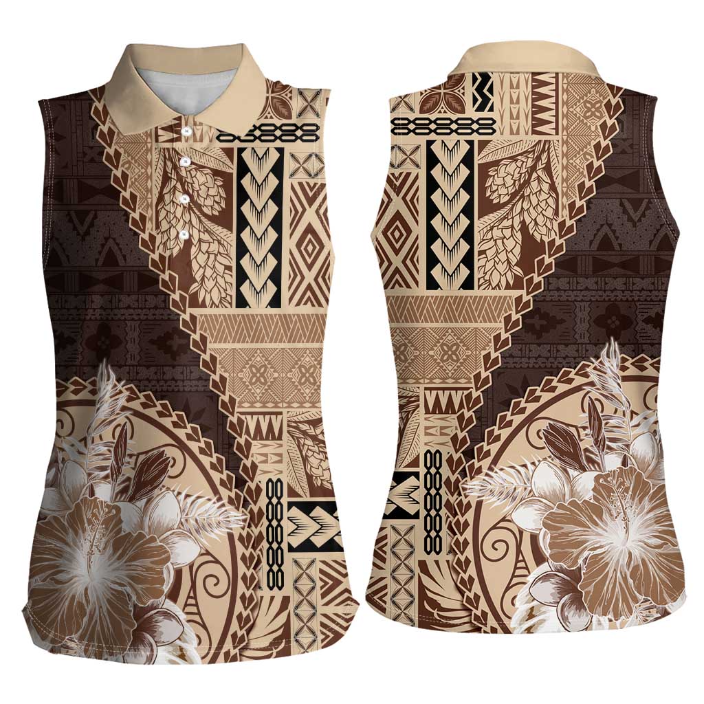 Samoa Siapo Elegant Women Sleeveless Polo Shirt Hibiscus Chocolate Brown Motifs LT05 - Polynesian Pride