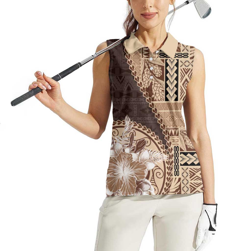 Samoa Siapo Elegant Women Sleeveless Polo Shirt Hibiscus Chocolate Brown Motifs LT05 - Polynesian Pride