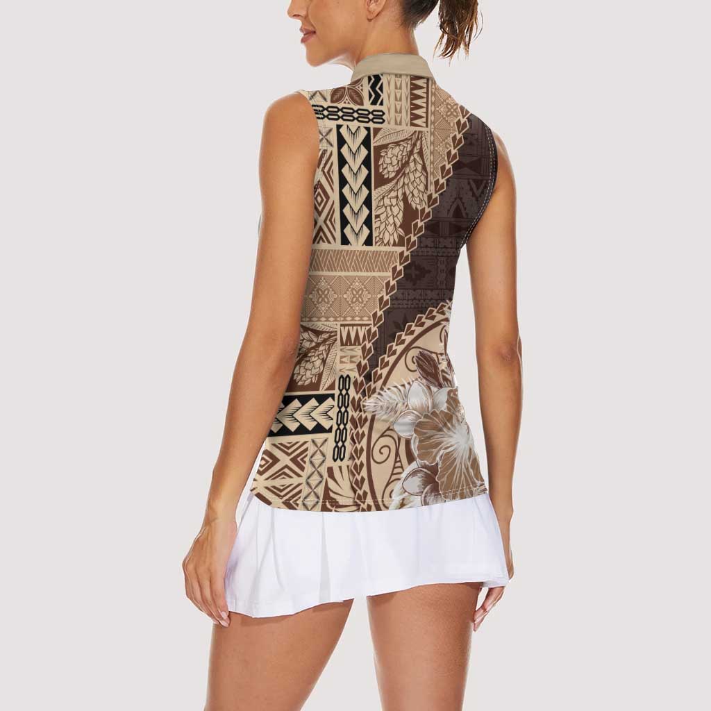Samoa Siapo Elegant Women Sleeveless Polo Shirt Hibiscus Chocolate Brown Motifs LT05 - Polynesian Pride