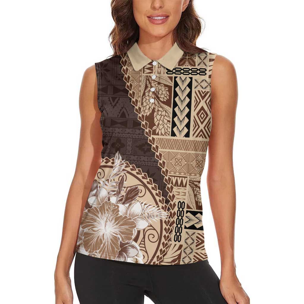 Samoa Siapo Elegant Women Sleeveless Polo Shirt Hibiscus Chocolate Brown Motifs LT05 - Polynesian Pride