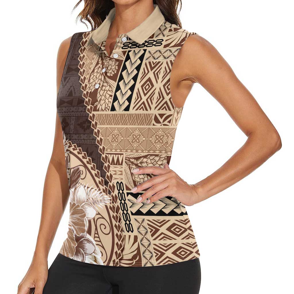 Samoa Siapo Elegant Women Sleeveless Polo Shirt Hibiscus Chocolate Brown Motifs LT05 - Polynesian Pride