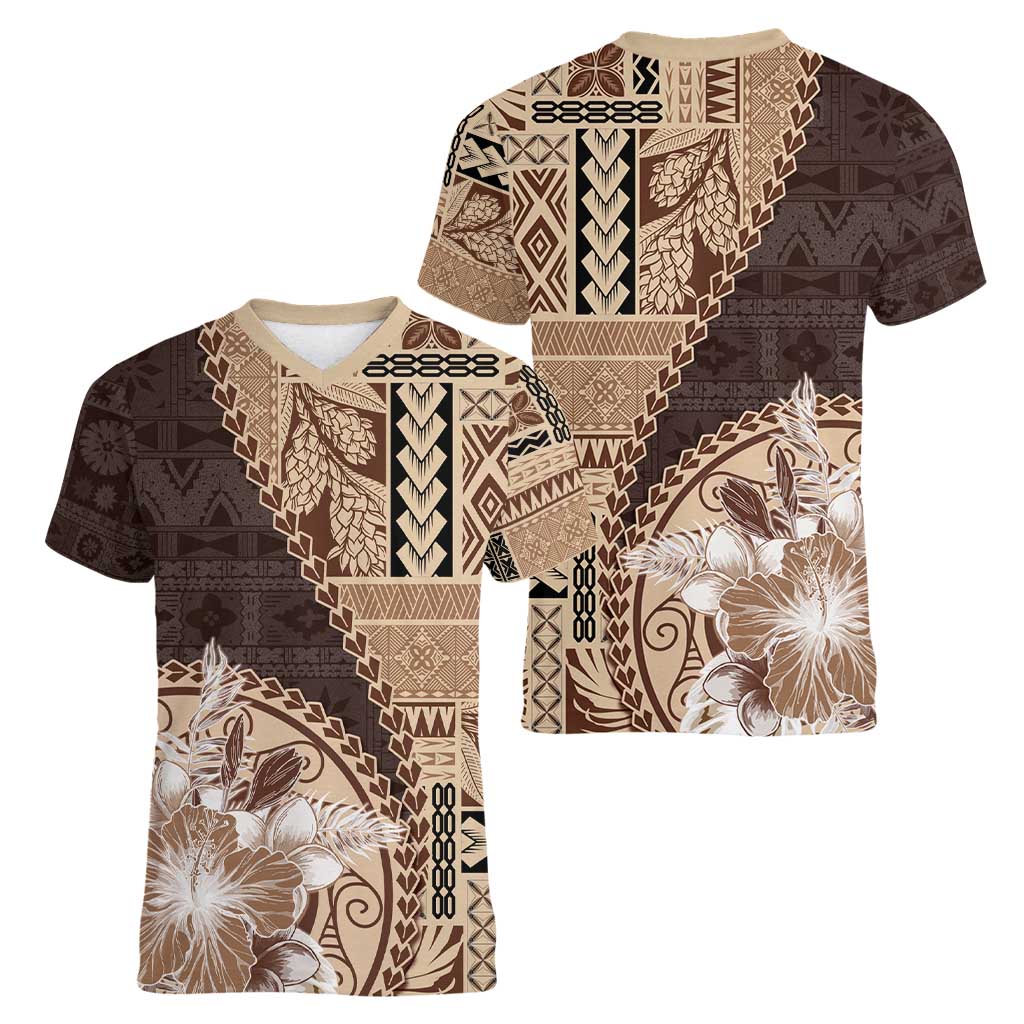 Samoa Siapo Elegant Women V-Neck T-Shirt Hibiscus Chocolate Brown Motifs - Polynesian Pride