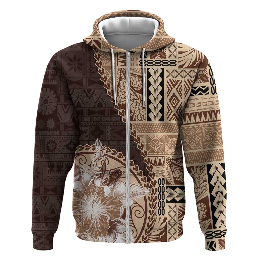 Samoa Siapo Elegant Zip Hoodie Hibiscus Chocolate Brown Motifs - Polynesian Pride