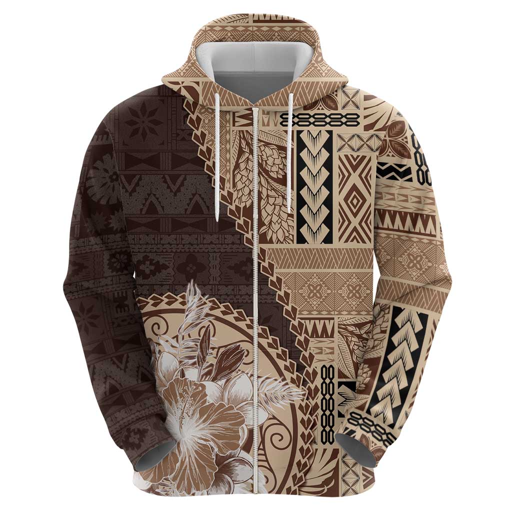 Samoa Siapo Elegant Zip Hoodie Hibiscus Chocolate Brown Motifs - Polynesian Pride