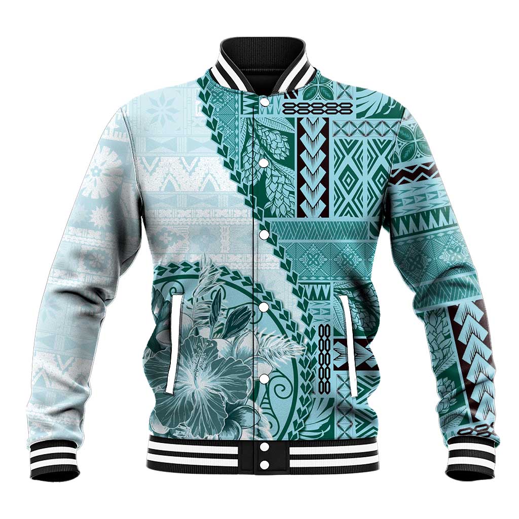 Samoa Siapo Elegant Baseball Jacket Hibiscus Teal Motifs LT05 Unisex Teal - Polynesian Pride