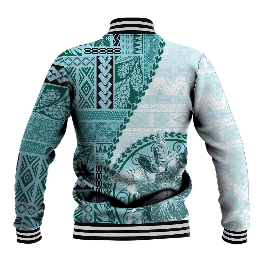 Samoa Siapo Elegant Baseball Jacket Hibiscus Teal Motifs LT05 - Polynesian Pride