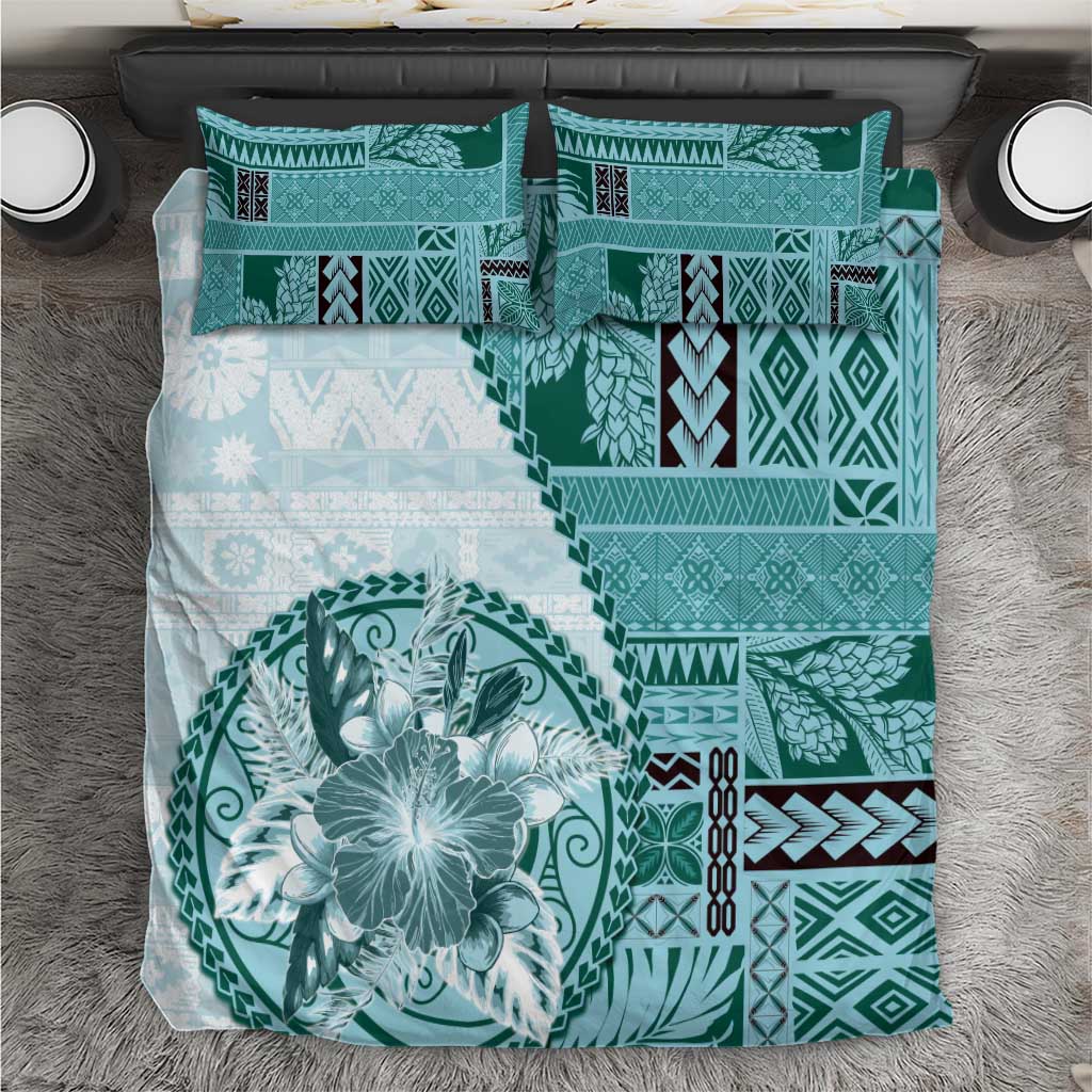 Samoa Siapo Elegant Bedding Set Hibiscus Teal Motifs - Polynesian Pride