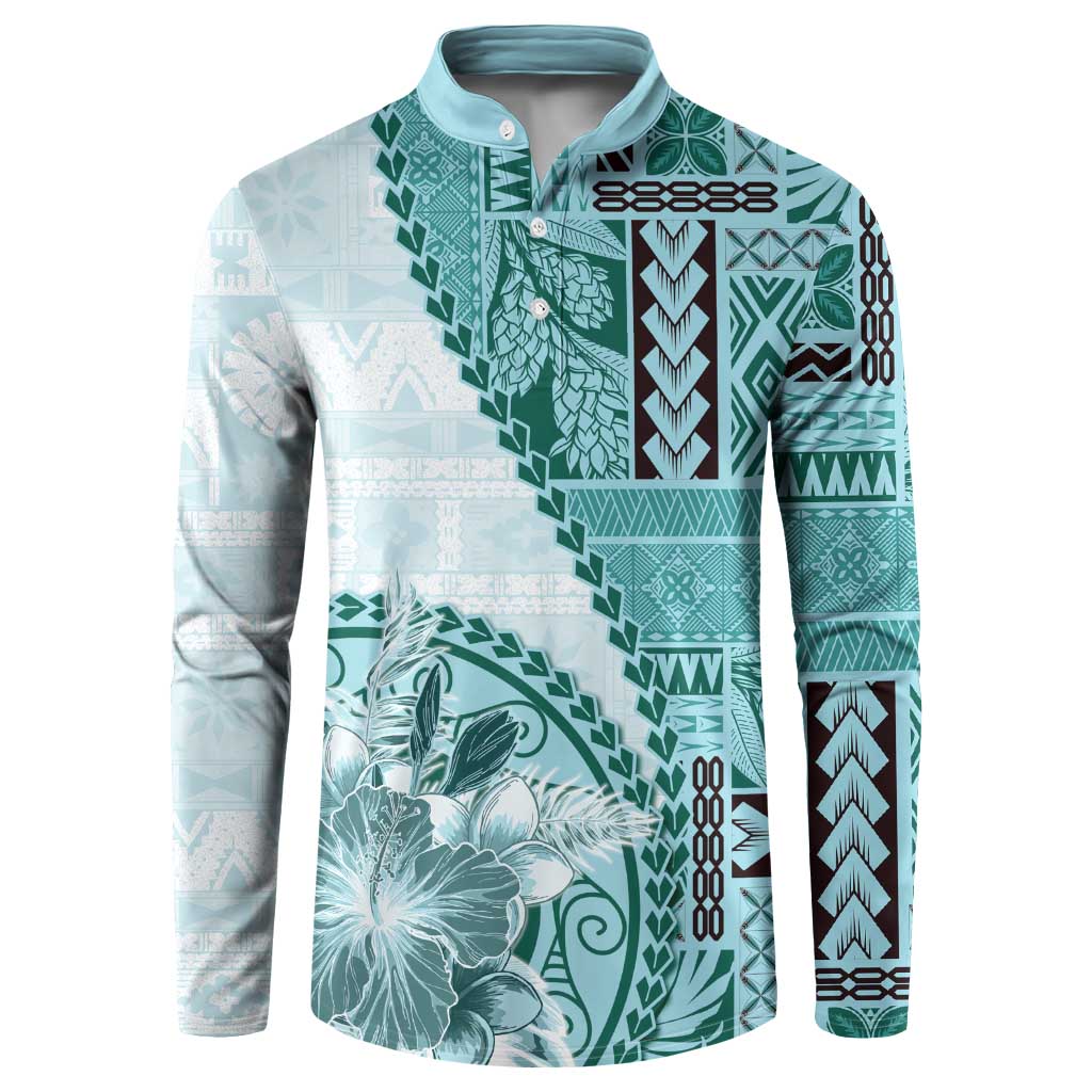 Samoa Siapo Elegant Button Sweatshirt Hibiscus Teal Motifs LT05 Teal - Polynesian Pride