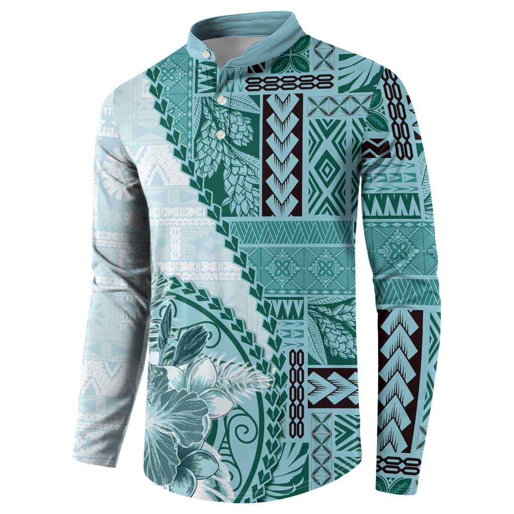 Samoa Siapo Elegant Button Sweatshirt Hibiscus Teal Motifs LT05 - Polynesian Pride