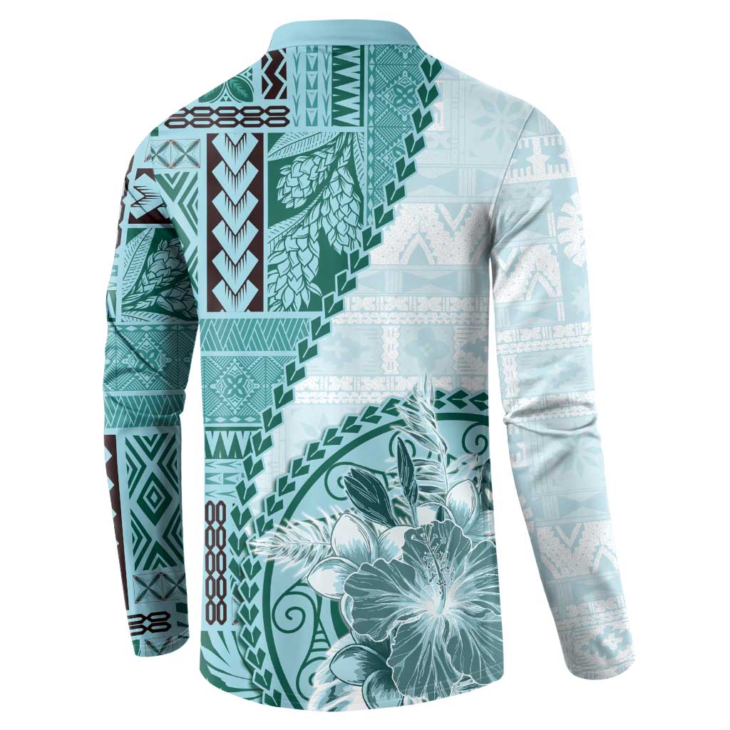 Samoa Siapo Elegant Button Sweatshirt Hibiscus Teal Motifs LT05 - Polynesian Pride