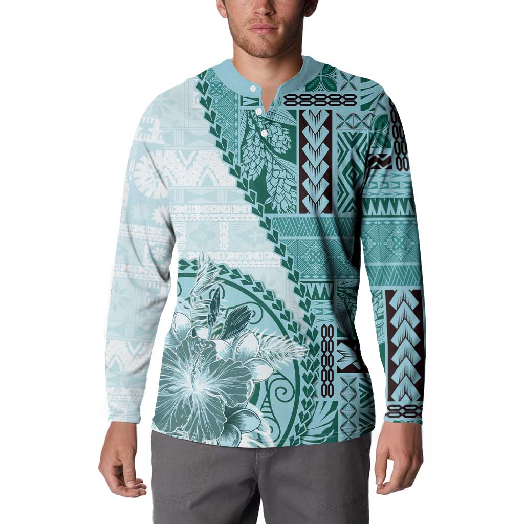 Samoa Siapo Elegant Button Sweatshirt Hibiscus Teal Motifs LT05 - Polynesian Pride