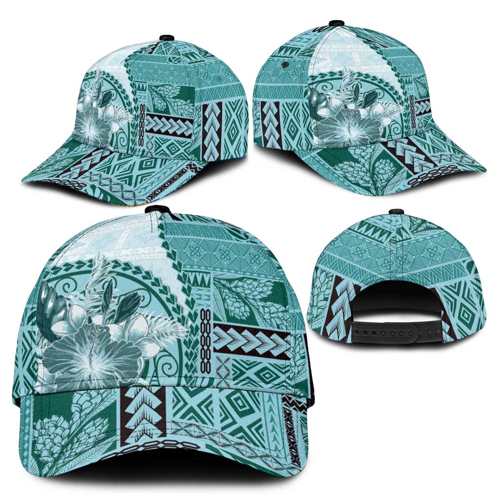 Samoa Siapo Elegant Classic Cap Hibiscus Teal Motifs - Polynesian Pride