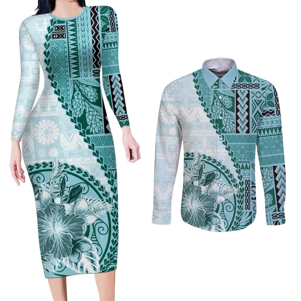 Samoa Siapo Elegant Couples Matching Long Sleeve Bodycon Dress and Long Sleeve Button Shirt Hibiscus Teal Motifs LT05 Teal - Polynesian Pride