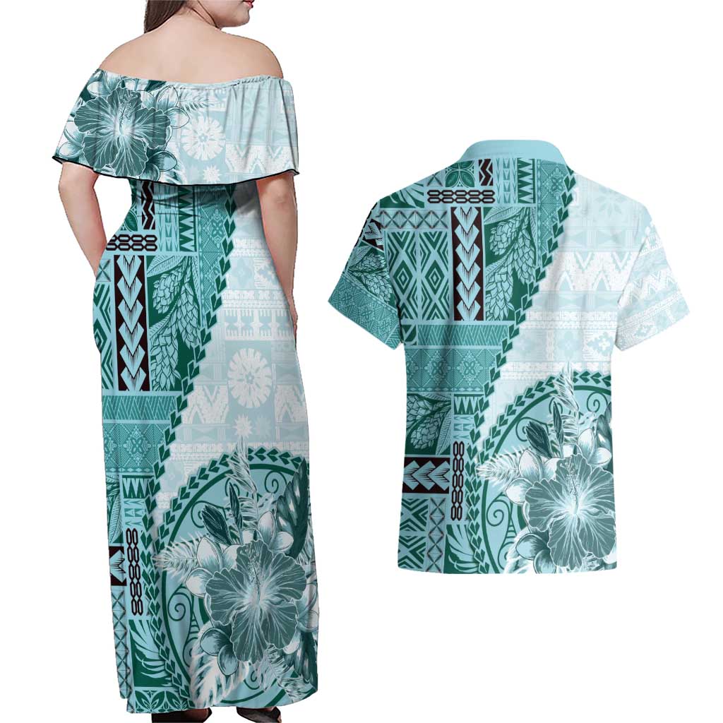 Samoa Siapo Elegant Couples Matching Off Shoulder Maxi Dress and Hawaiian Shirt Hibiscus Teal Motifs - Polynesian Pride