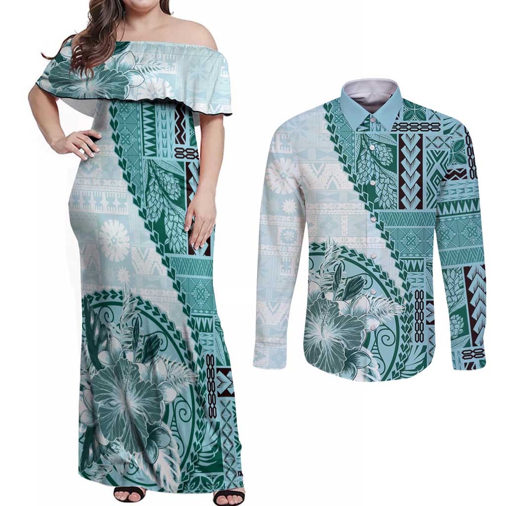 Samoa Siapo Elegant Couples Matching Off Shoulder Maxi Dress and Long Sleeve Button Shirt Hibiscus Teal Motifs LT05 Teal - Polynesian Pride