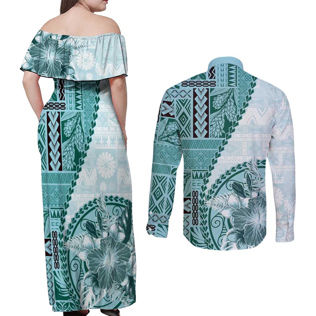 Samoa Siapo Elegant Couples Matching Off Shoulder Maxi Dress and Long Sleeve Button Shirt Hibiscus Teal Motifs LT05 - Polynesian Pride