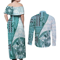 Samoa Siapo Elegant Couples Matching Off Shoulder Maxi Dress and Long Sleeve Button Shirt Hibiscus Teal Motifs LT05 - Polynesian Pride