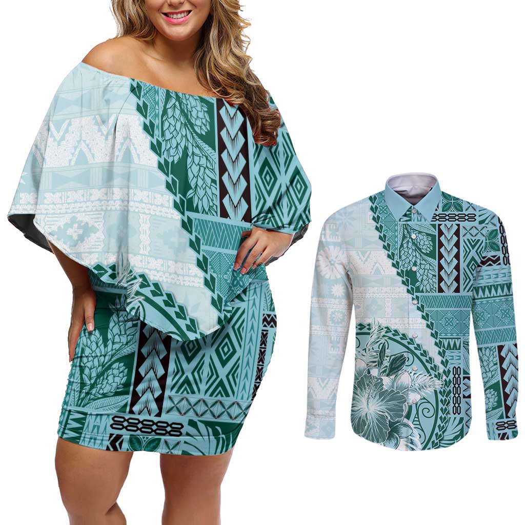 Samoa Siapo Elegant Couples Matching Off Shoulder Short Dress and Long Sleeve Button Shirt Hibiscus Teal Motifs LT05 Teal - Polynesian Pride