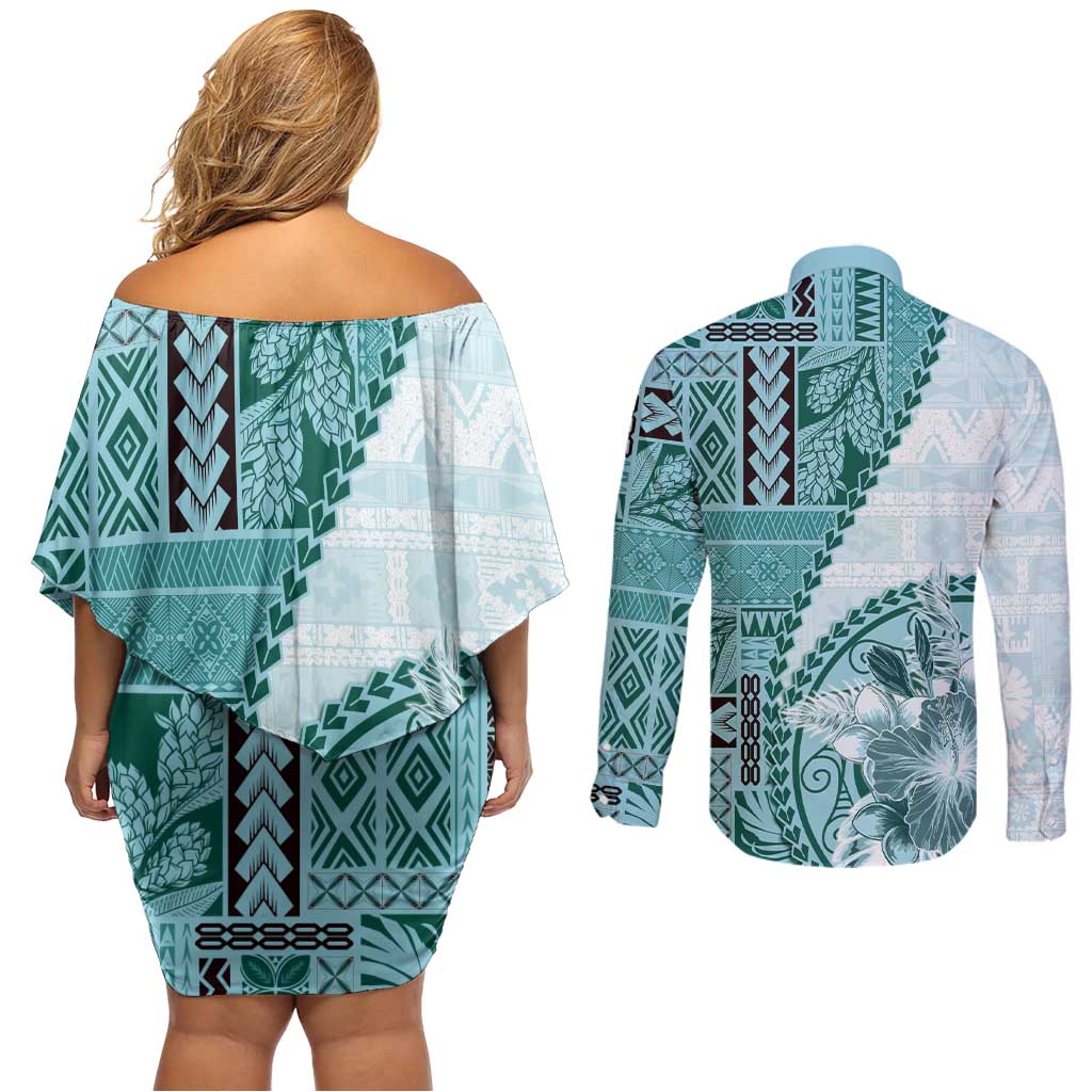 Samoa Siapo Elegant Couples Matching Off Shoulder Short Dress and Long Sleeve Button Shirt Hibiscus Teal Motifs LT05 - Polynesian Pride