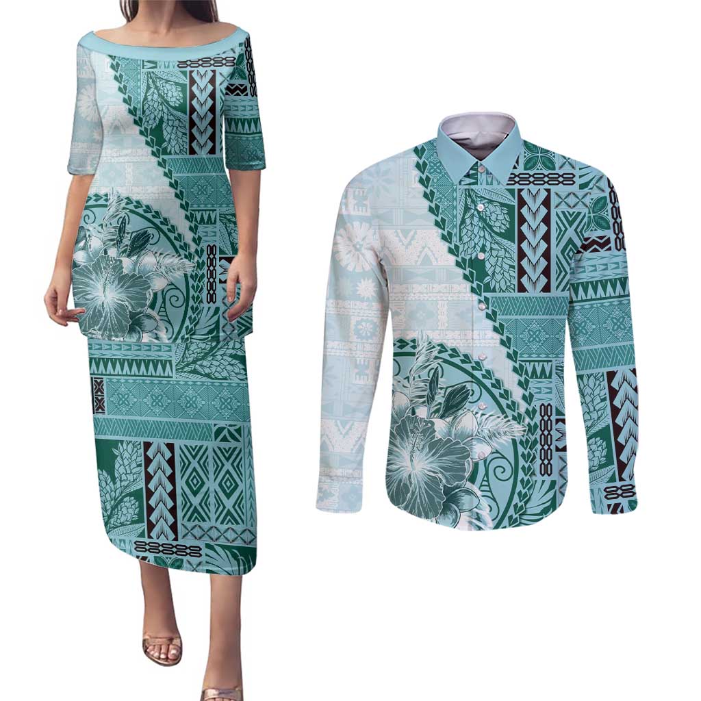 Samoa Siapo Elegant Couples Matching Puletasi and Long Sleeve Button Shirt Hibiscus Teal Motifs LT05 Teal - Polynesian Pride