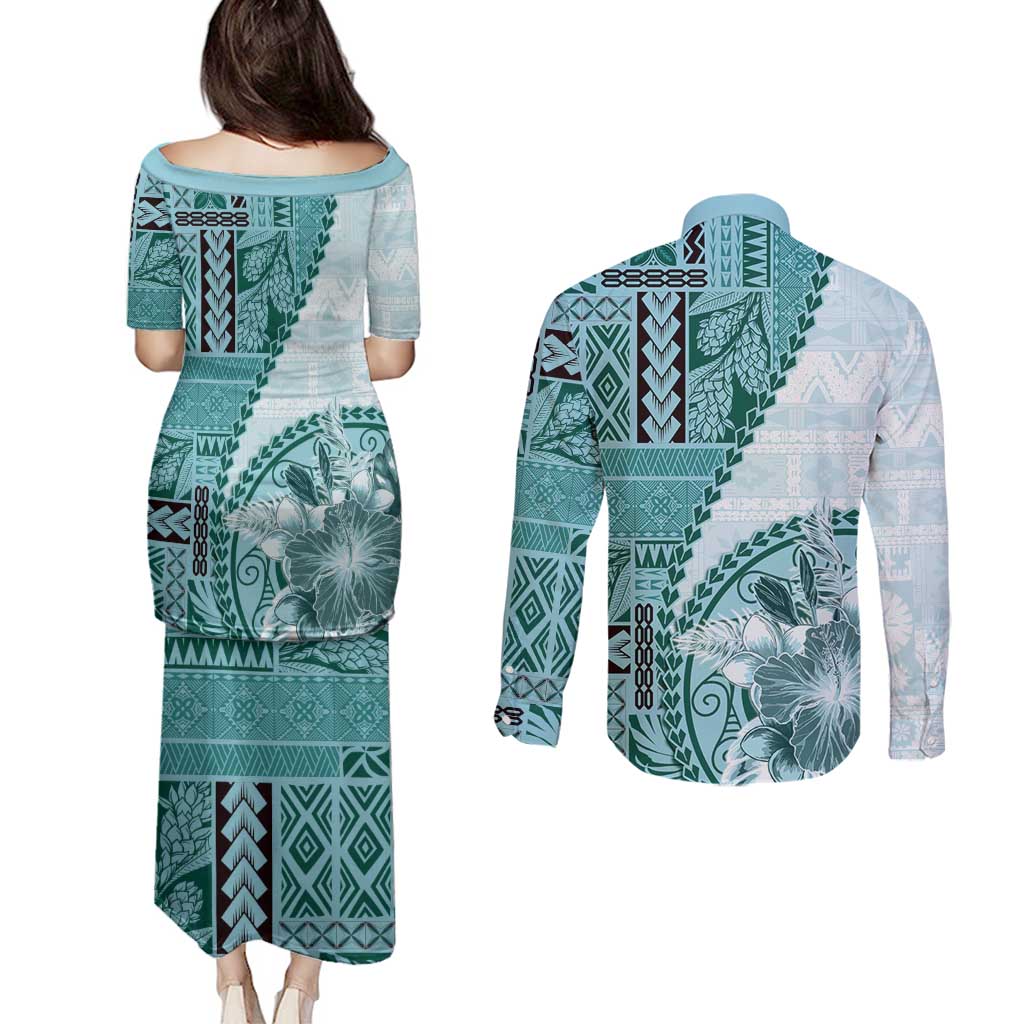 Samoa Siapo Elegant Couples Matching Puletasi and Long Sleeve Button Shirt Hibiscus Teal Motifs LT05 - Polynesian Pride
