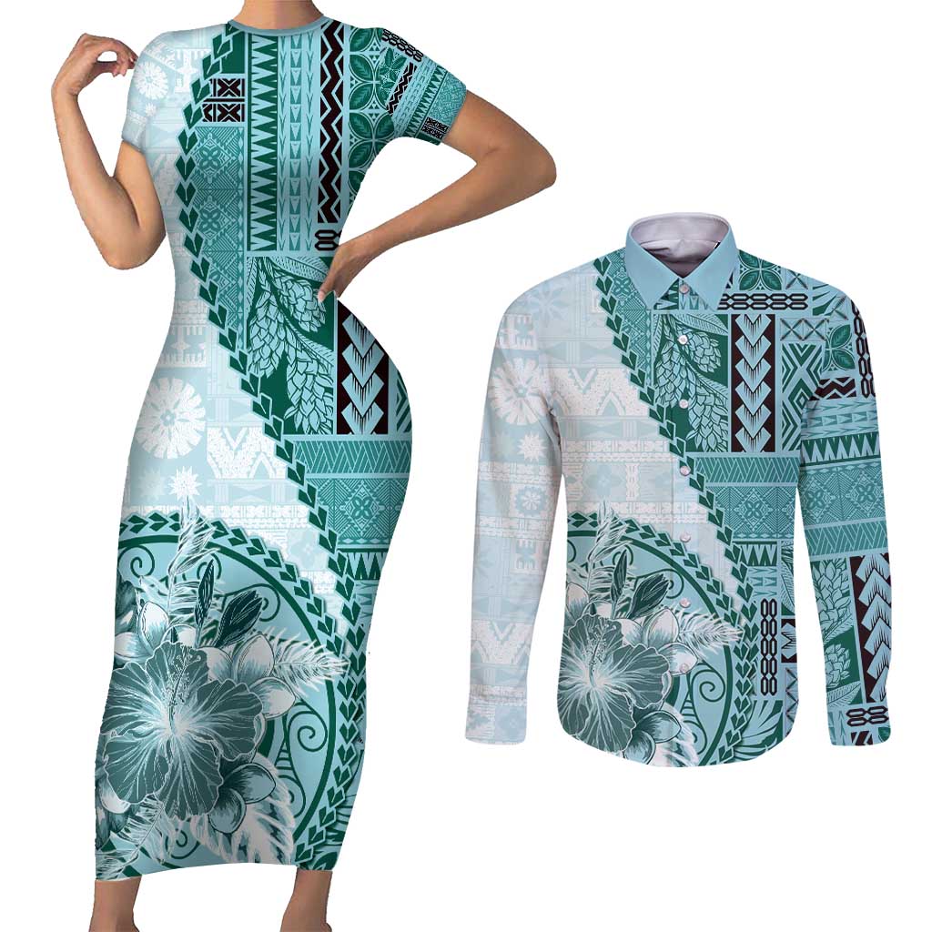 Samoa Siapo Elegant Couples Matching Short Sleeve Bodycon Dress and Long Sleeve Button Shirt Hibiscus Teal Motifs LT05 Teal - Polynesian Pride