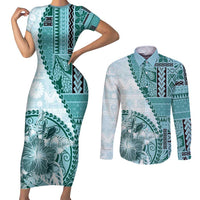 Samoa Siapo Elegant Couples Matching Short Sleeve Bodycon Dress and Long Sleeve Button Shirt Hibiscus Teal Motifs LT05 Teal - Polynesian Pride