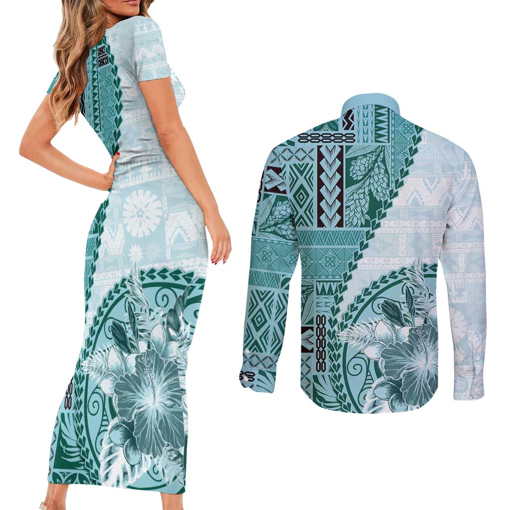 Samoa Siapo Elegant Couples Matching Short Sleeve Bodycon Dress and Long Sleeve Button Shirt Hibiscus Teal Motifs LT05 - Polynesian Pride