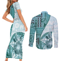 Samoa Siapo Elegant Couples Matching Short Sleeve Bodycon Dress and Long Sleeve Button Shirt Hibiscus Teal Motifs LT05 - Polynesian Pride