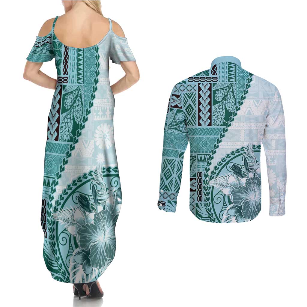 Samoa Siapo Elegant Couples Matching Summer Maxi Dress and Long Sleeve Button Shirt Hibiscus Teal Motifs LT05 - Polynesian Pride