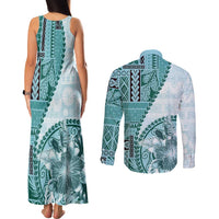Samoa Siapo Elegant Couples Matching Tank Maxi Dress and Long Sleeve Button Shirt Hibiscus Teal Motifs LT05 - Polynesian Pride
