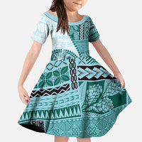 Samoa Siapo Elegant Family Matching Long Sleeve Bodycon Dress and Hawaiian Shirt Hibiscus Teal Motifs - Polynesian Pride