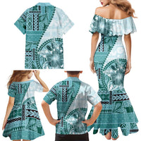 Samoa Siapo Elegant Family Matching Mermaid Dress and Hawaiian Shirt Hibiscus Teal Motifs - Polynesian Pride