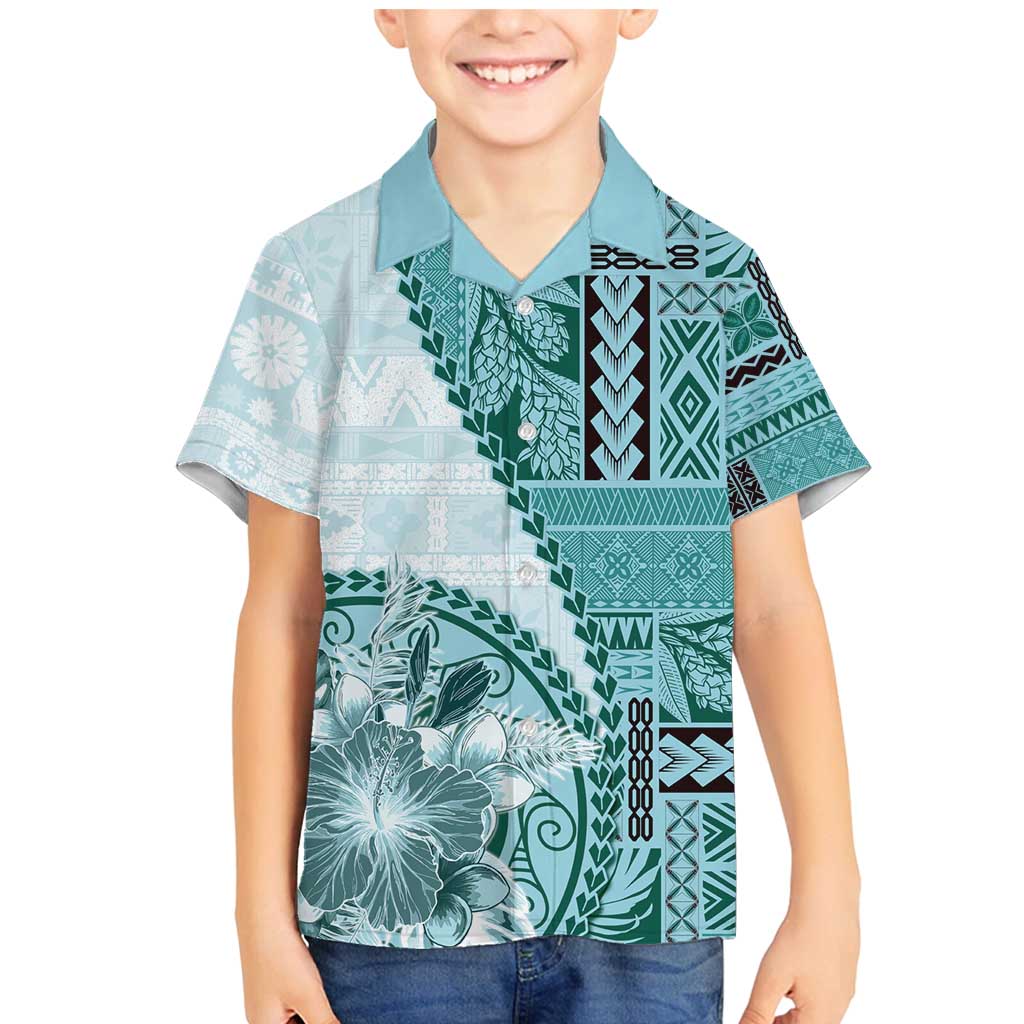Samoa Siapo Elegant Family Matching Mermaid Dress and Hawaiian Shirt Hibiscus Teal Motifs - Polynesian Pride