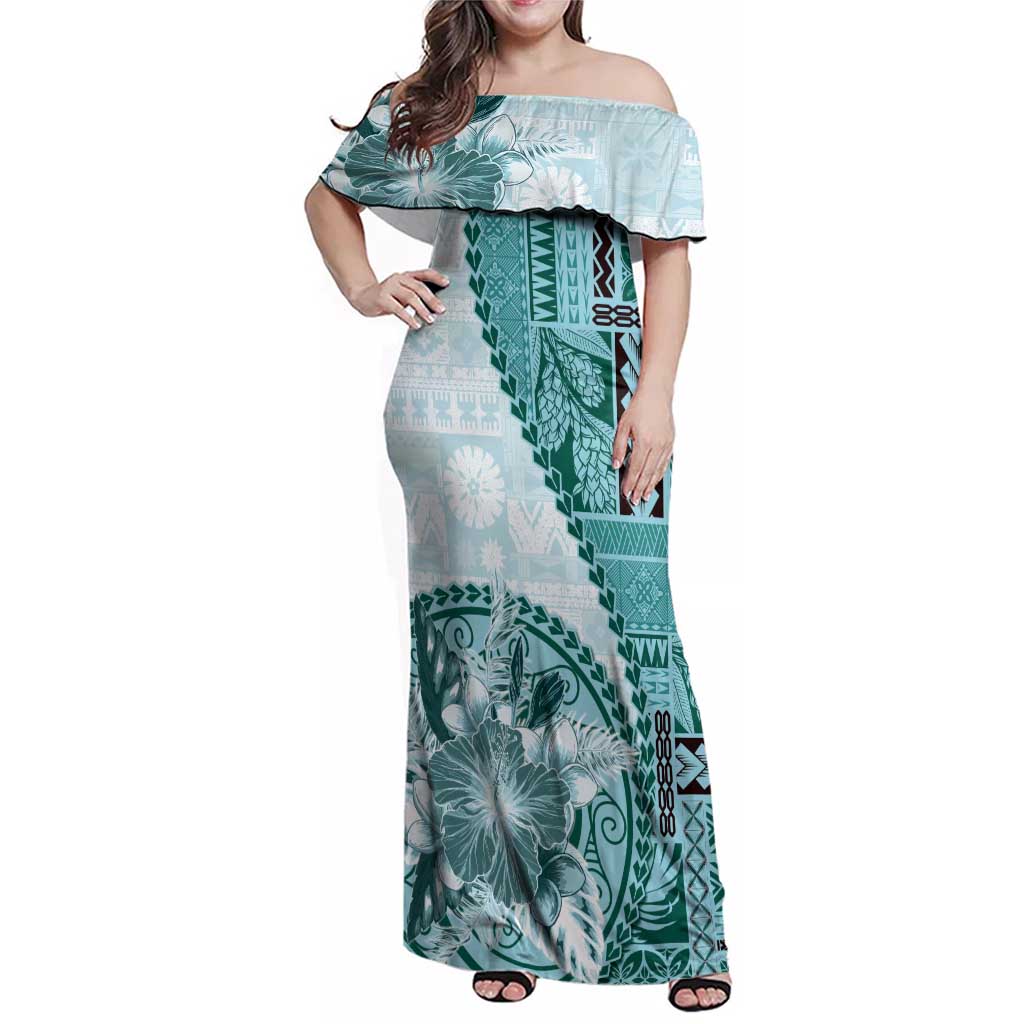 Samoa Siapo Elegant Family Matching Off Shoulder Maxi Dress and Hawaiian Shirt Hibiscus Teal Motifs - Polynesian Pride