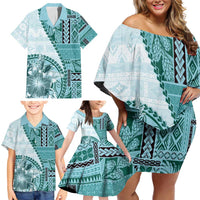 Samoa Siapo Elegant Family Matching Off Shoulder Short Dress and Hawaiian Shirt Hibiscus Teal Motifs - Polynesian Pride